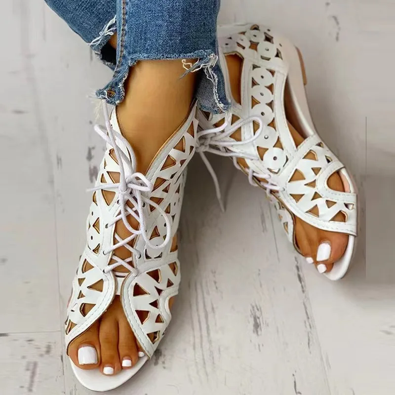 Wedge Sandals for Women 2023 Summer Shoes Fashion Lace Up Low Heel Flat Ladies Sandals Large Size Casual Hollow Out Sandalias