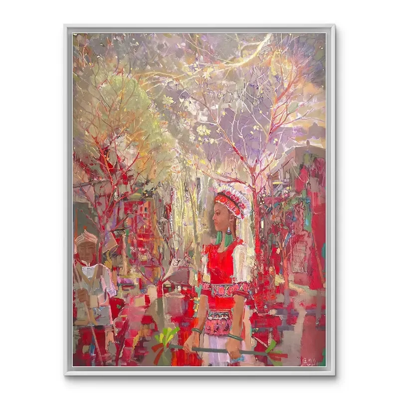 Vibrant Red Building Street View Oil Painting Handmade Canvas Wall Art Modern Ethnic Style Indoor Home Decor Ramadan Wedding
