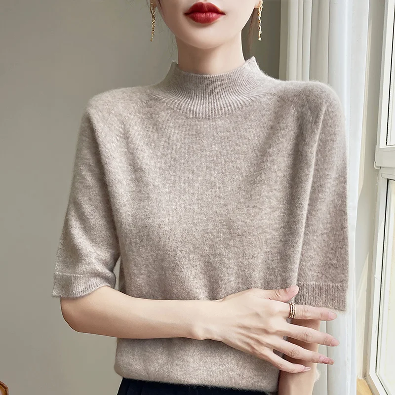 Spring Autumn Semi-High-Necked Wool Knit Bottoming Shirt Short-Sleeved Pullover Women Close Fit Comfort Solid Semi-Sleeve Tops
