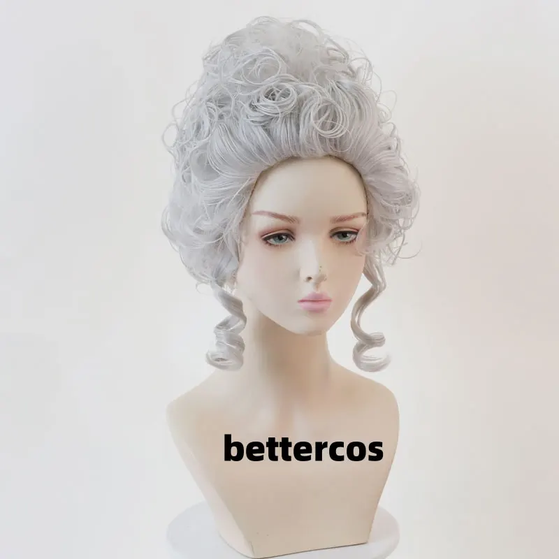 Marie Antoinette Cosplay Wigs Silver Grey Costume Accessory Princess Medium Curly Heat Resistant Synthetic Hair Wig + Wig Cap