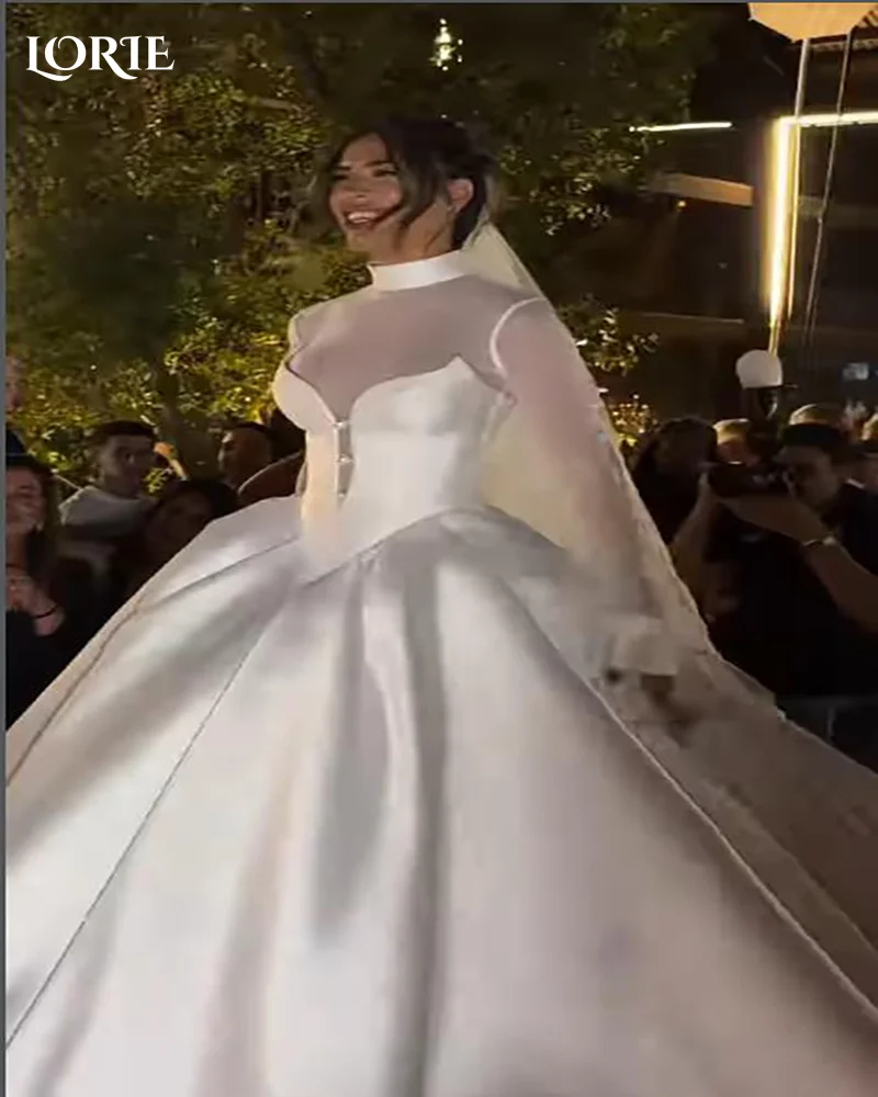 LORIE Satin Church Wedding Dresses for Women Long Sleeve High Neck A-Line V Corset Bridal Gowns  Customized Formal Club Dress