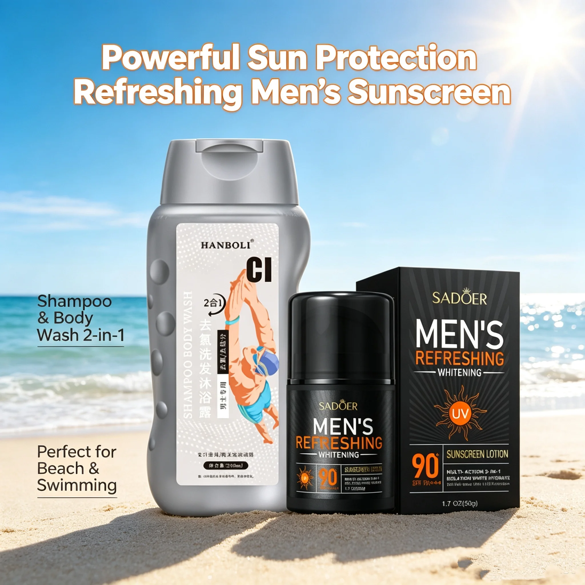 Men'S Grooming Gel - Herren-Sportpflegeset, Sonnenschutzlotion & Chlor-entfernendes Shampoo-Duschgel, Erfrischende