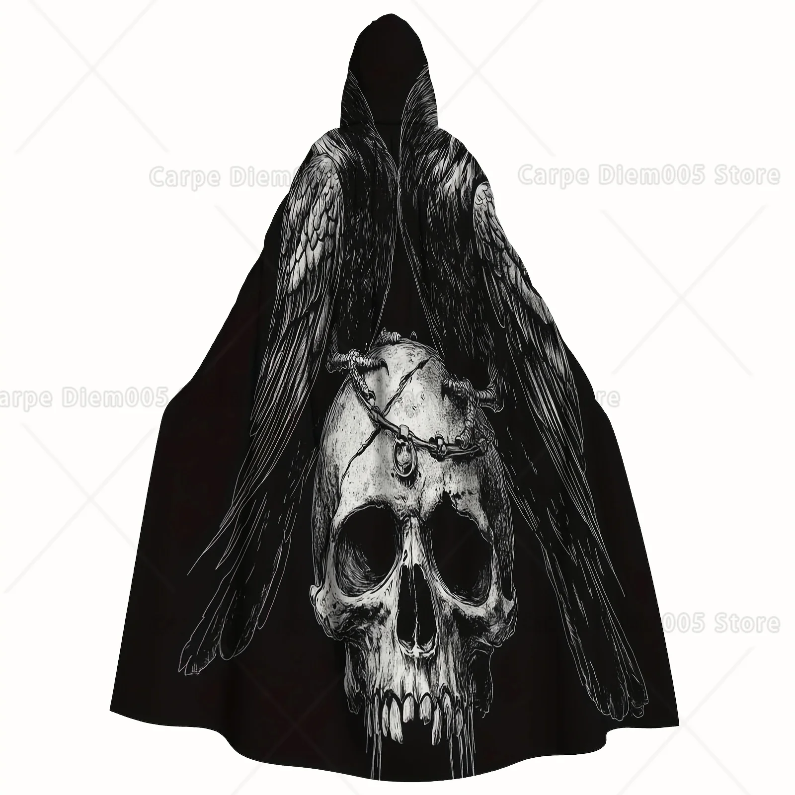1pc Gothic Halloween Cloak with Hood Adult Costume Robe Featuring Skull Crow Wings Machine Washable for Halloween Cosplay
