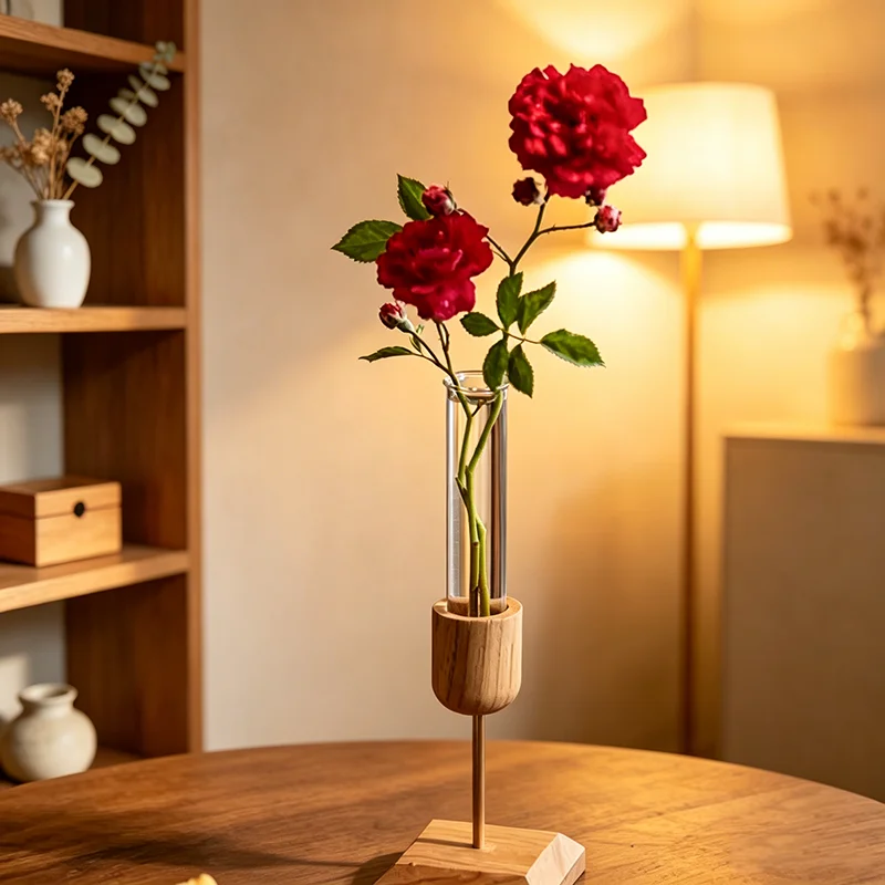 Holz-Reagenzglas-Vase, Transparente Glas-Hydrokultur-Blumenvase, Luxuriöse Wohnzimmer- und Bürodekoration