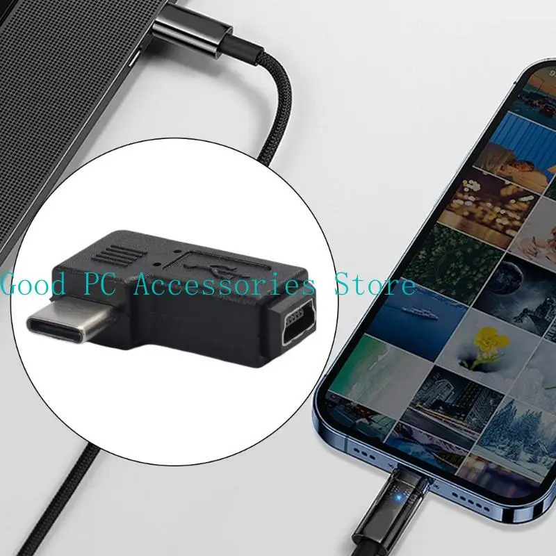 R53C Mini USB to USB C Converter for Cellphone 90 Degree Type-C Male to Mini USB Female Adapter Support Charging & Data Sync