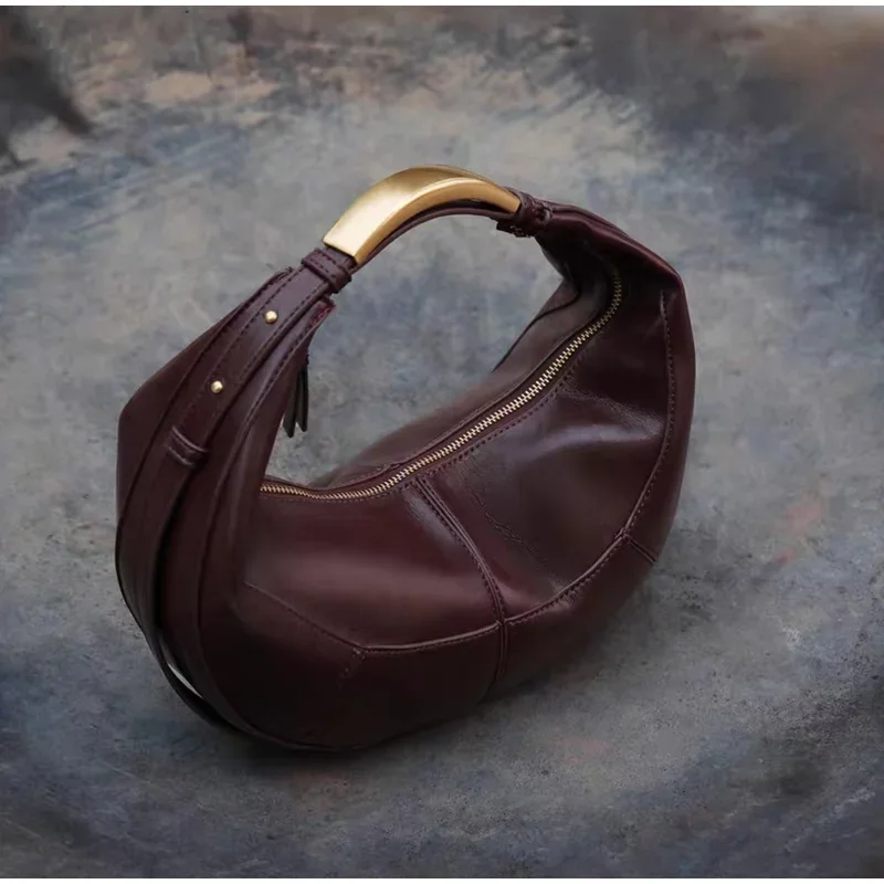 

European American Retro Crescent Bags Light Luxury Brand Handbag Fashion Splicing Design Shoulder Bag High-end Metal Handle Bags