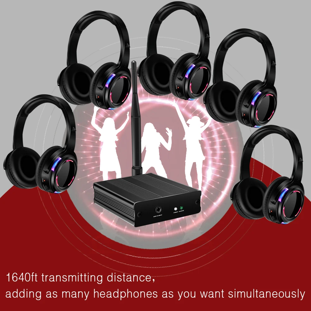 سماعات رأس ديسكو صامتة تنافسية للبيع بالجملة، حزمة قابلة لإعادة الشحن مع أجهزة إرسال وشواحن متعددة