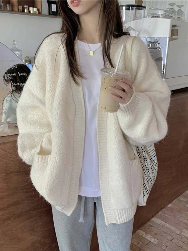 Cardigan Women Solid Loose Simple Casual Thick Winter Harajuku Chic Streetwear Soft Warm Basic All-match College Korean Style BF