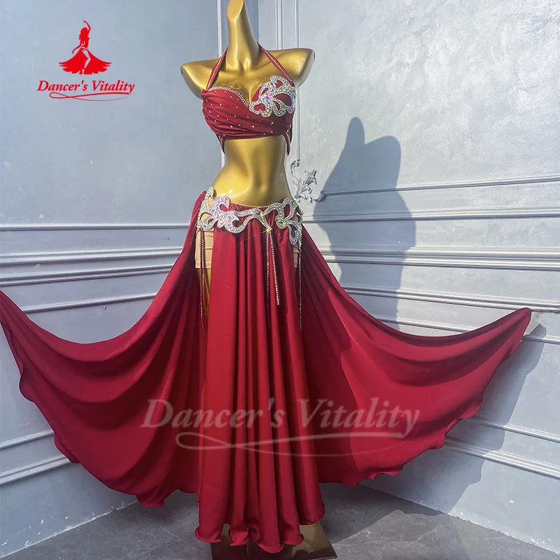 Vestito da competizione di danza del ventre per reggiseno con pietre AB senior personalizzato da donna + gonna lunga divisa sexy 2 pezzi costume da ballerina