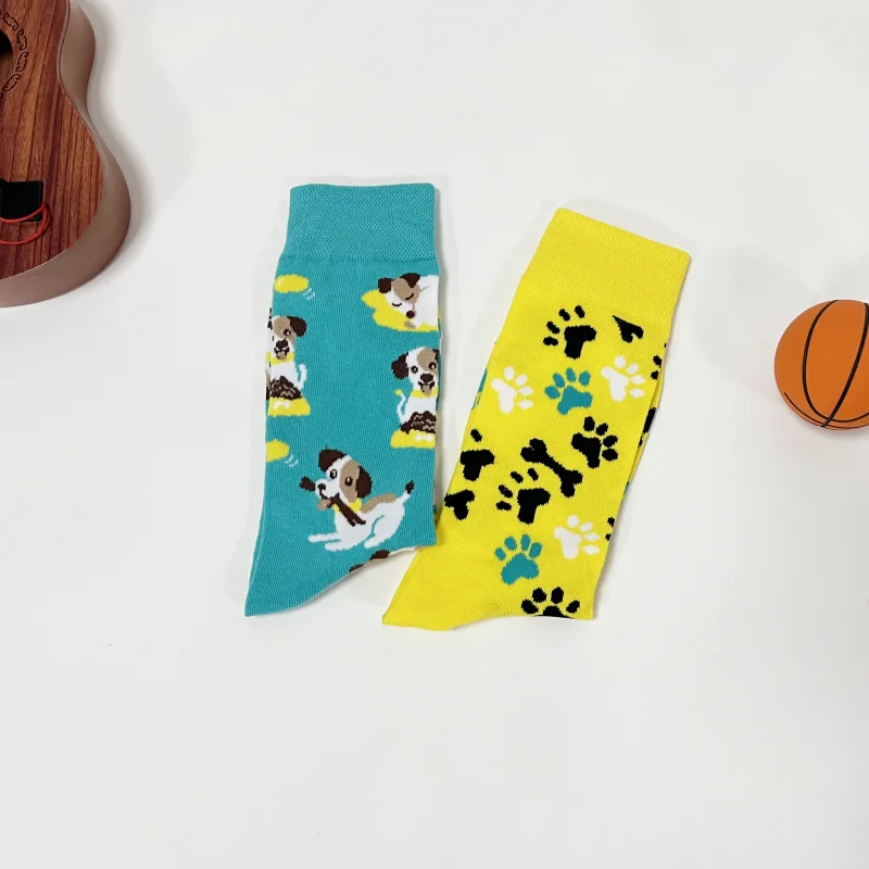 1 Pair  Cartoon Cute Puppy and Footprint AB Style Trendy Personalized Men\'s Mid-Calf Socks