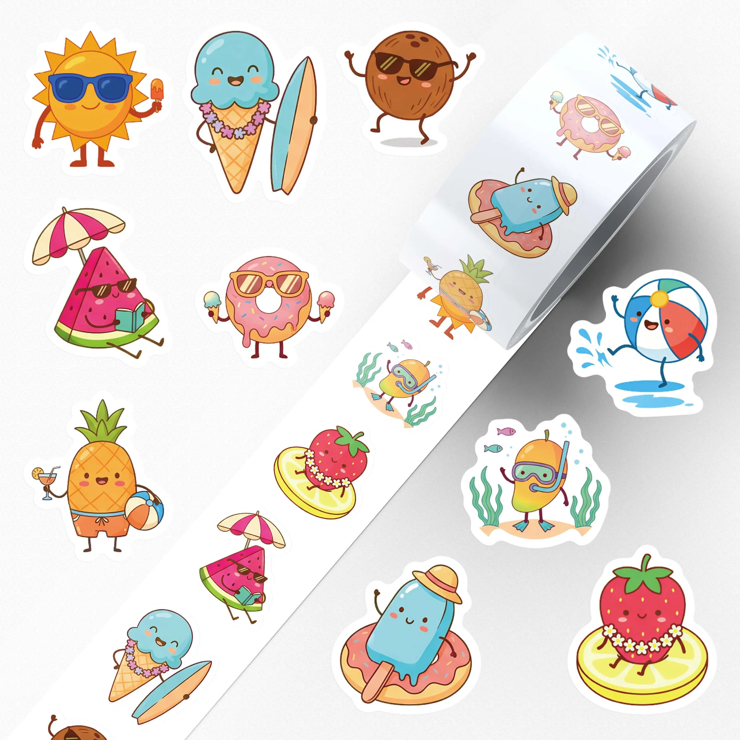 500pcs Summer Cartoon Roll Stickers Kawaii Summer Beach Aesthetic Vibes Decals For Laptop Surfboard Guitar Journal DIY Stickers