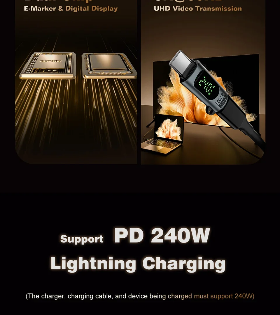 USB4 40Gbps Adapter mit Digitalanzeige, USB 4 V2.0 80Gbps Typ C zu Typ C OTG-Kabelanschluss 240W 8K für Thunderbolt 3/4/5 Laptops – Detail 4