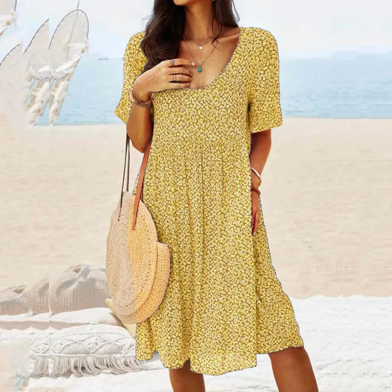 Abito da donna estivo con tasche floreali Taglie forti Midi Casual T-shirt a maniche corte stampata bohémien per donna al ginocchio