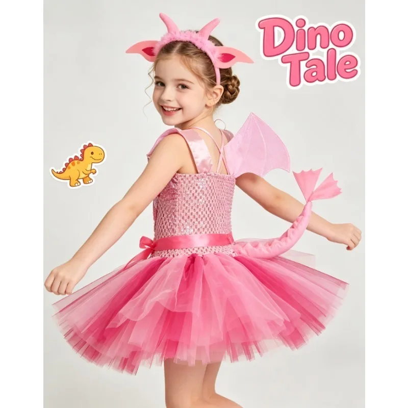 Dinosaur Pattern Tutu Dress Four Piece Set Kids Casual Costume Children Holiday Party Daily Wear Wholesale Foreign Trade Outfit
