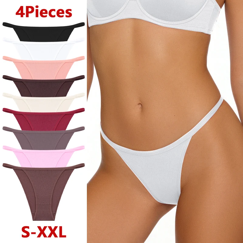 4Pcs/Set S-XXL Women's Cotton Thongs Low Rise Sexy Seamless Underwear Thin Belt Breathable Panties Solid Color Comfort G-String