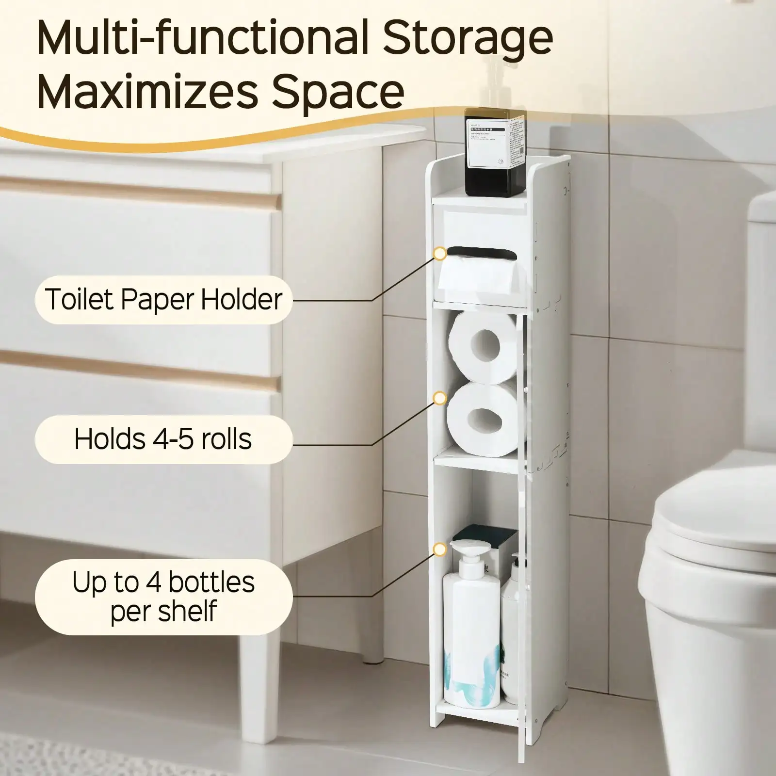 3-Tiers Slim Bathroom Storage Cabinets In Different Sizes, Collapsible Storage Cabinets, Narrow Bathroom Storage Cabinets, Slim PVC Organizers, Suitable For Tight Spaces, Easy To Assemble And Durable, Multi-Purpose Toilet Paper Holder Organizer For Bath view 3