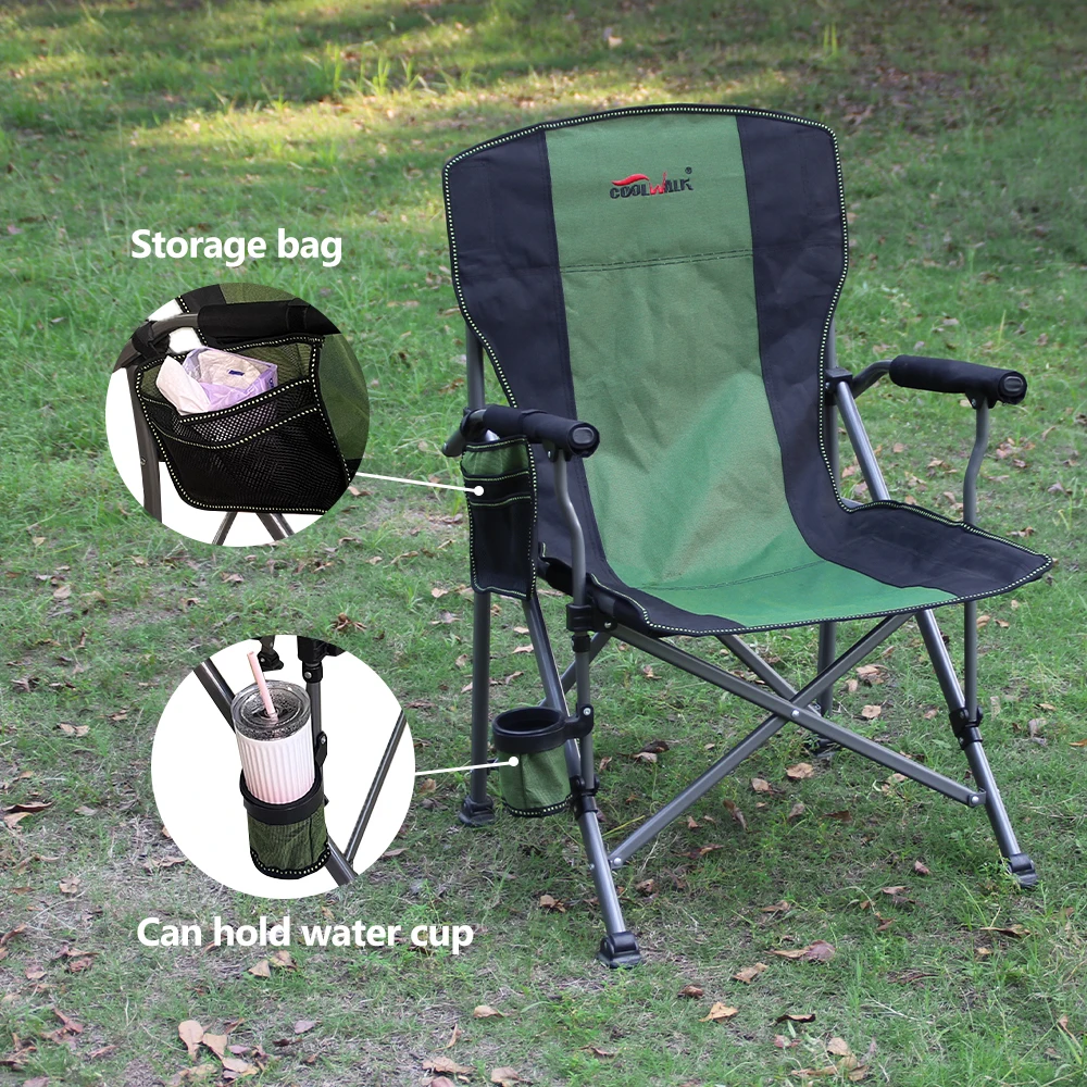 Heavy Duty Folding Camping Chair – Portable, Padded Seat, Lumbar Support, Side Pockets, Cup Holders, Ideal for Beach, Fishing