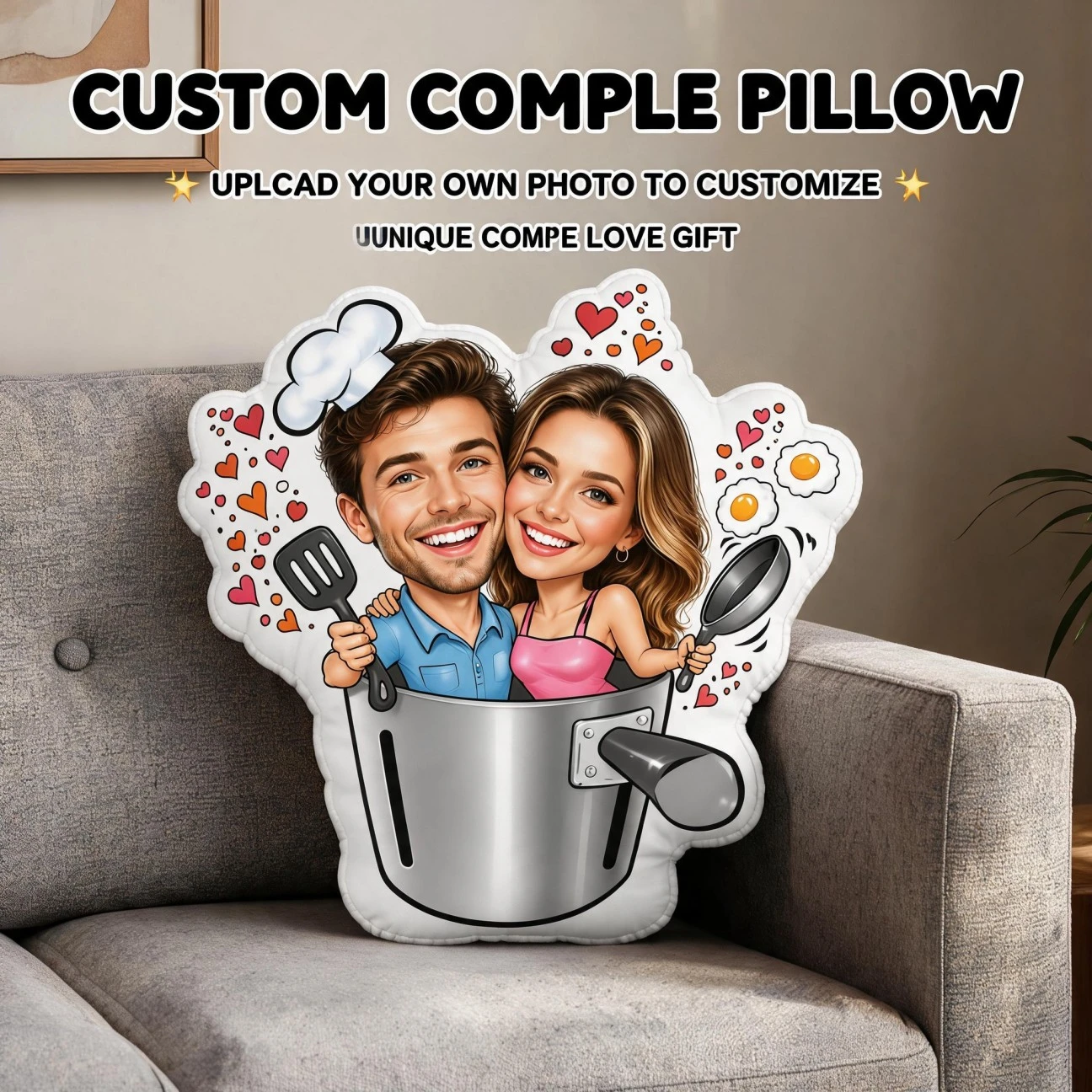 Custom Couple Photo Shaped Pillow, Funny Cooking Theme Personalized Picture Decorative Cushion, Unique Home Decor Accent for Sof
