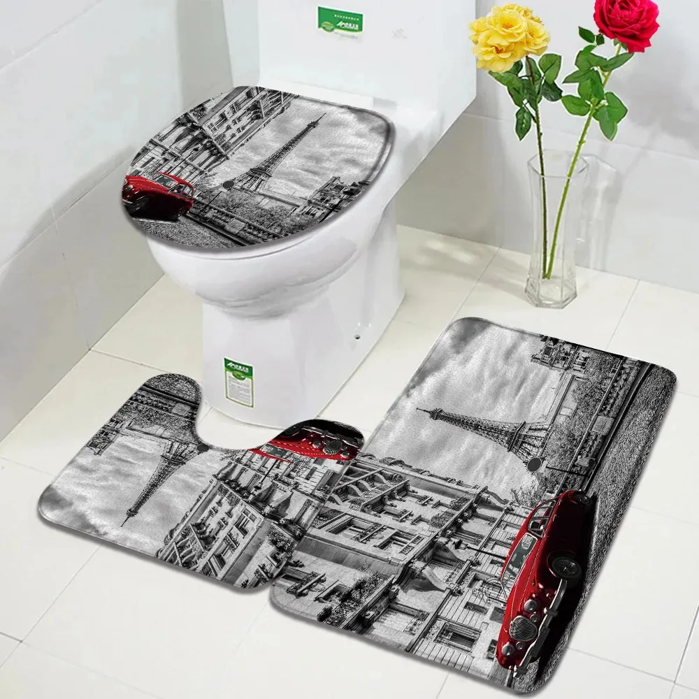 Red Phone Booth Non-slip Bath Mat Set Vintage Red Bus London Street View European Bathroom Decor Non-slip Rug Toilet Lid Cover