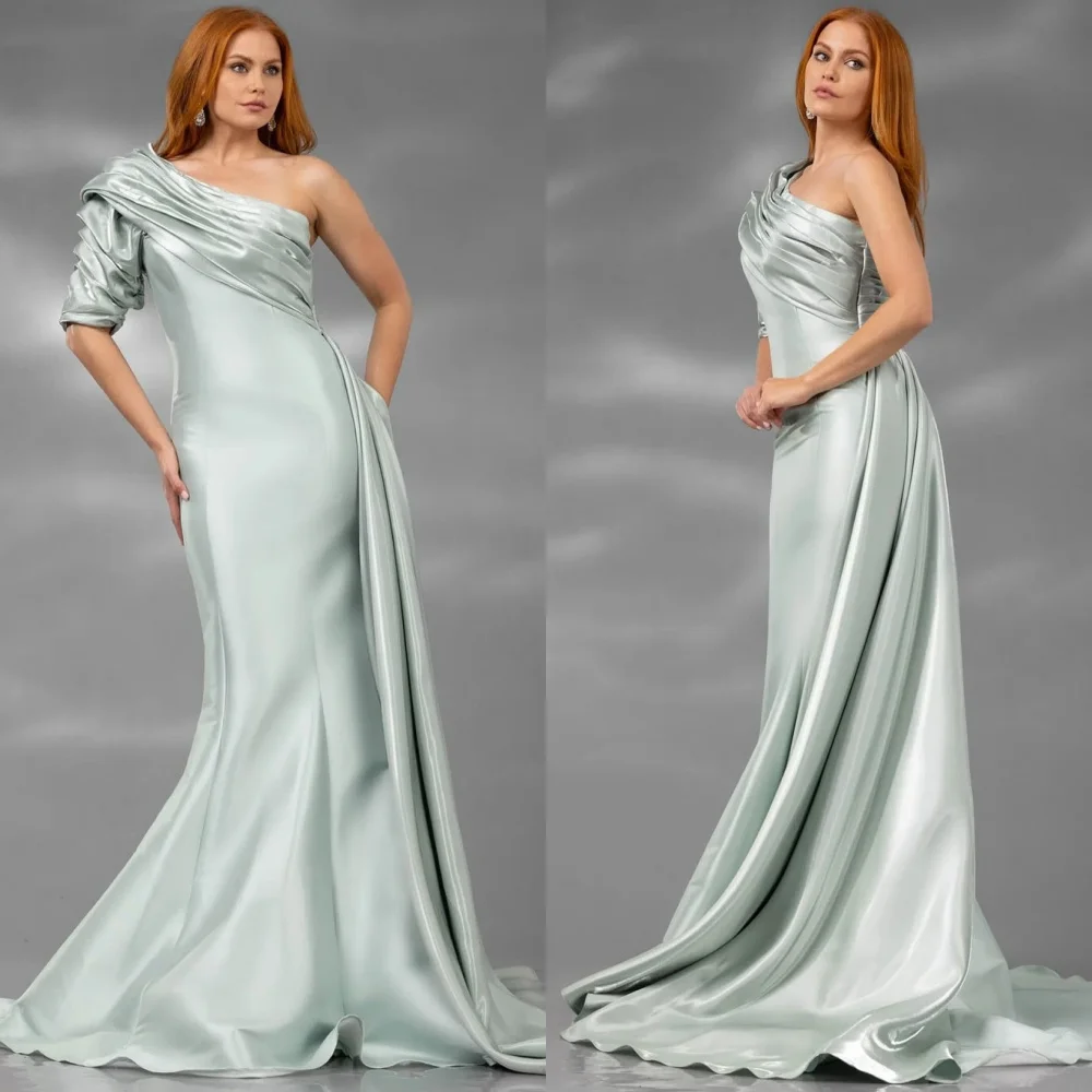 

Customized Sizes Available Charmeuse Pleat Trumpet One-shoulder Long Dresses Bespoke Occasion Matching