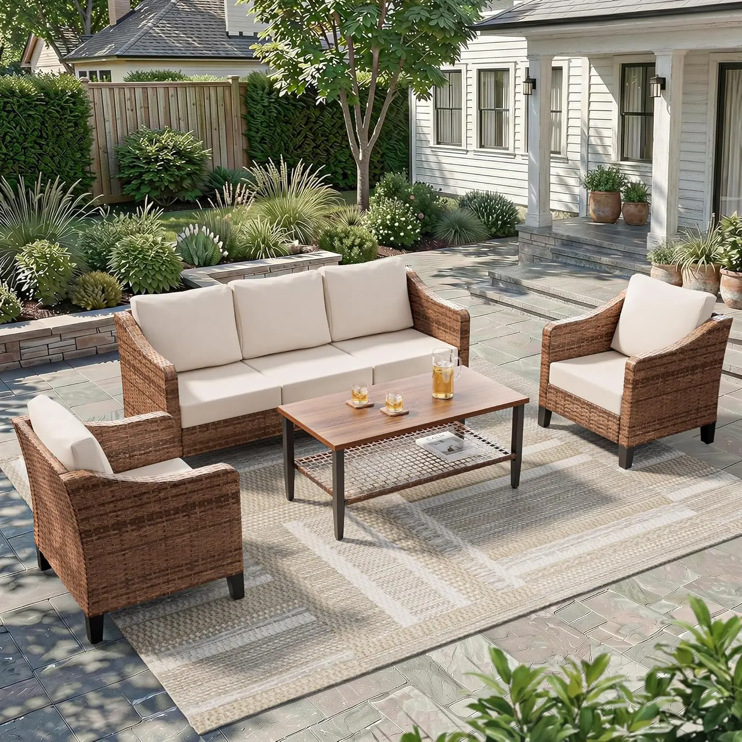 4 Seat Modular Wicker Patio Conversation Set Sectional Sofa Loveseat 2 Tier Coffee   for Backyard Garden Use Customized