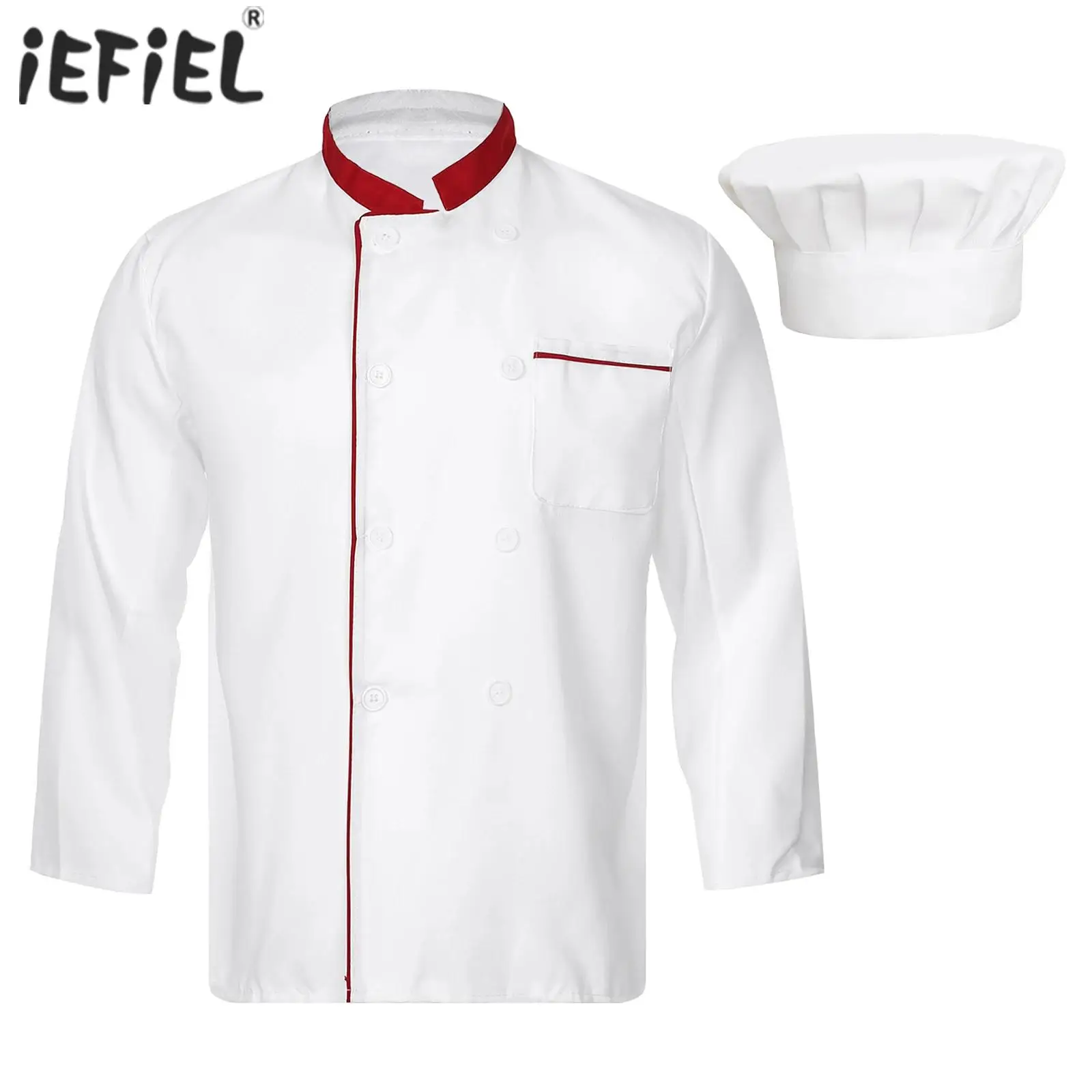 Unisex Mens Womens Hotel Restaurant Kitchen Work Uniform Stand Collar Long Sleeve Double-Breasted Chef Jacket with Hat Workwear