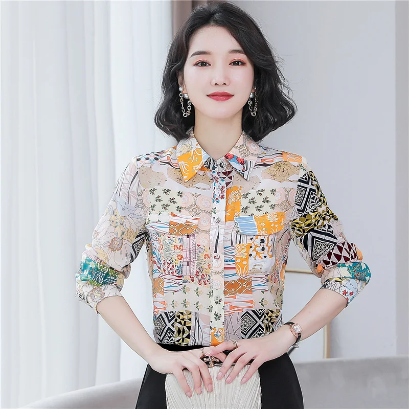 Chic Floral Print 100% Silk Shirts Women\'s Blouse Casual Loose Long Sleeve Lapel OL Satin Party Shirt Female Fashion Tops S-3XL