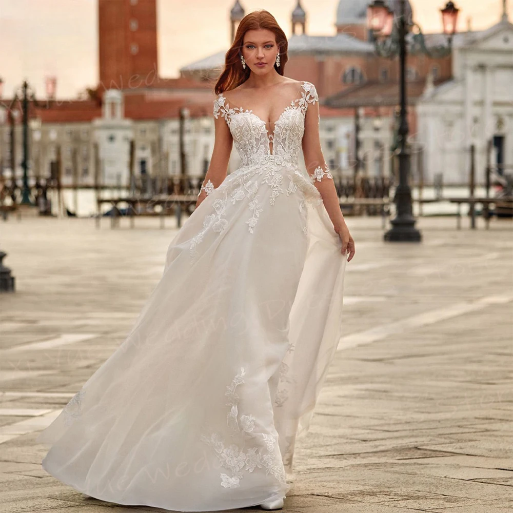 Squisita una linea abiti da sposa da donna graziosi Appliques abiti da sposa in pizzo Sexy scollo A V manica A tre quarti Vestido De Noivas