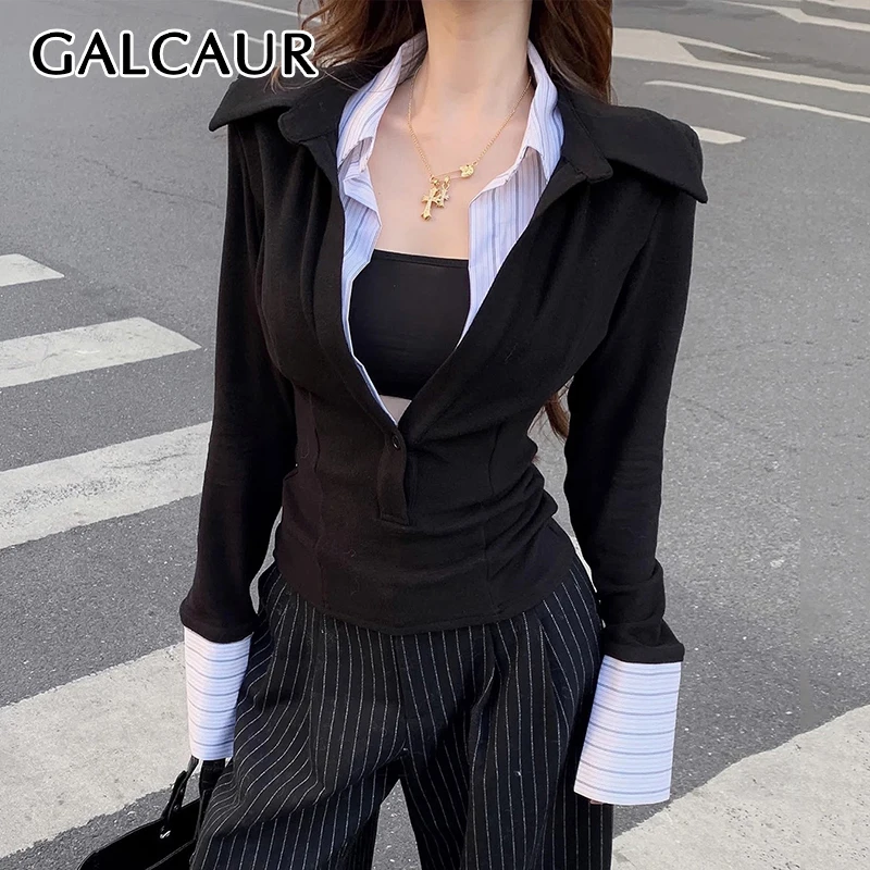 

GALCAUR Hit Color Slimming Patchwork Stripe Chic Shirts for Women V Neck Long Sleeve Casual T Shirts Female Fashion Clothing New