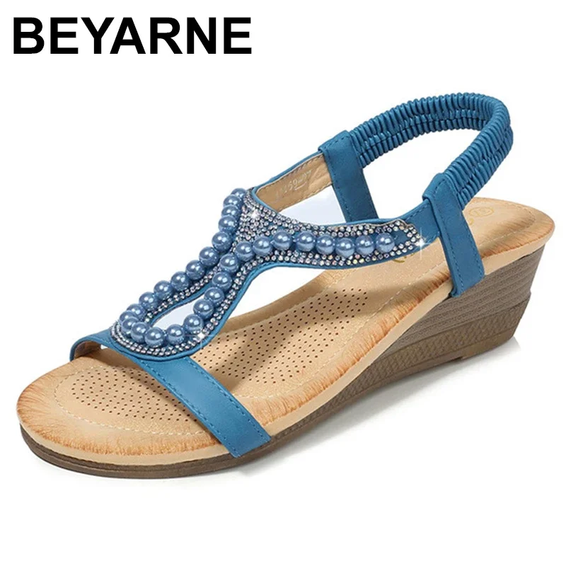 BEYARNELarge Size Sandals Summer Women Wedge Heel Sandals Diamond Beads Fashion Sandals Women Simple Casual Wild Shoes For Women