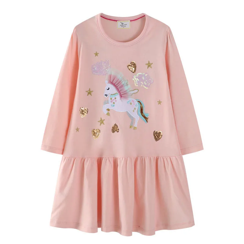 Jumping Meters 2-7T Long Sleeve Unicorn Autumn Spring Girls Dresses Children's School Embroidery Birthday Kids Dress