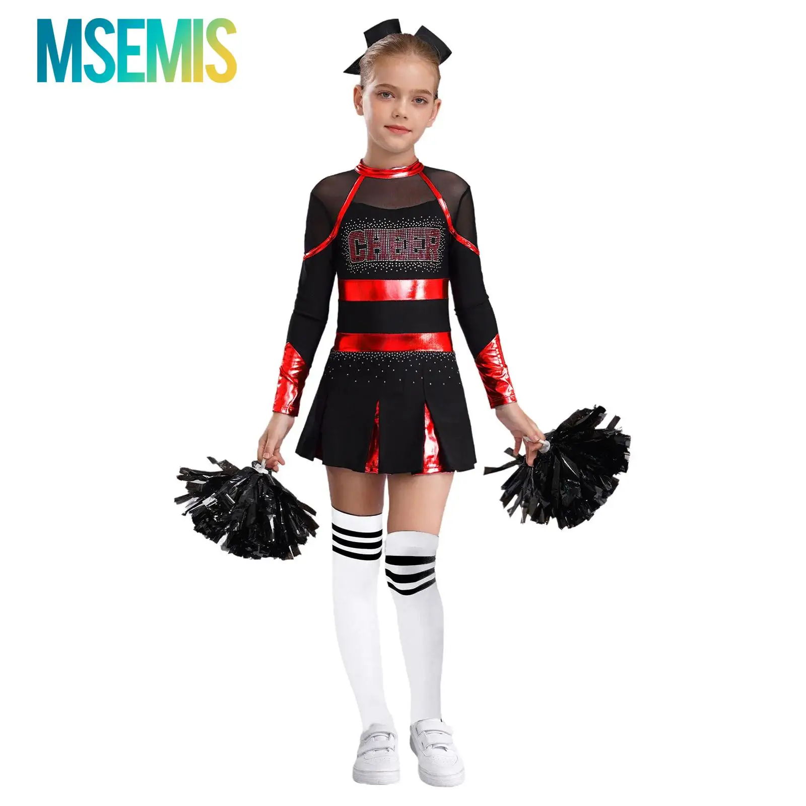 

Kids Girls Cheerleader Costume Musical Cheerleading Uniform School Girls Glittery Rhinestones Metallic Long Sleeve Pleated Dress