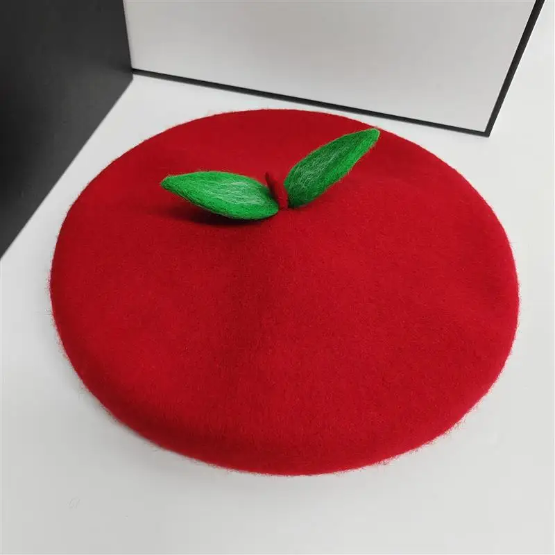 Women Cute Green Leaves Wool Berets Autumn Winter Cap Punk Handmade Fruit Kawaii Fresh Warm Beret Hat