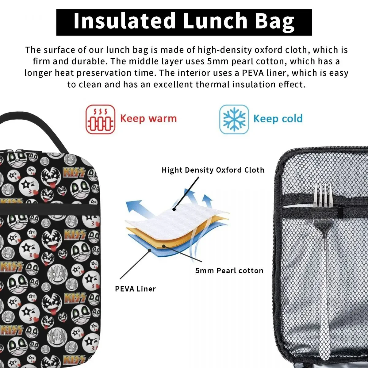 Kiss Band Pattern Insulated Lunch Bags Portable Lunch Container Thermal Bag Tote Lunch Box Work Picnic Food Storage Bags