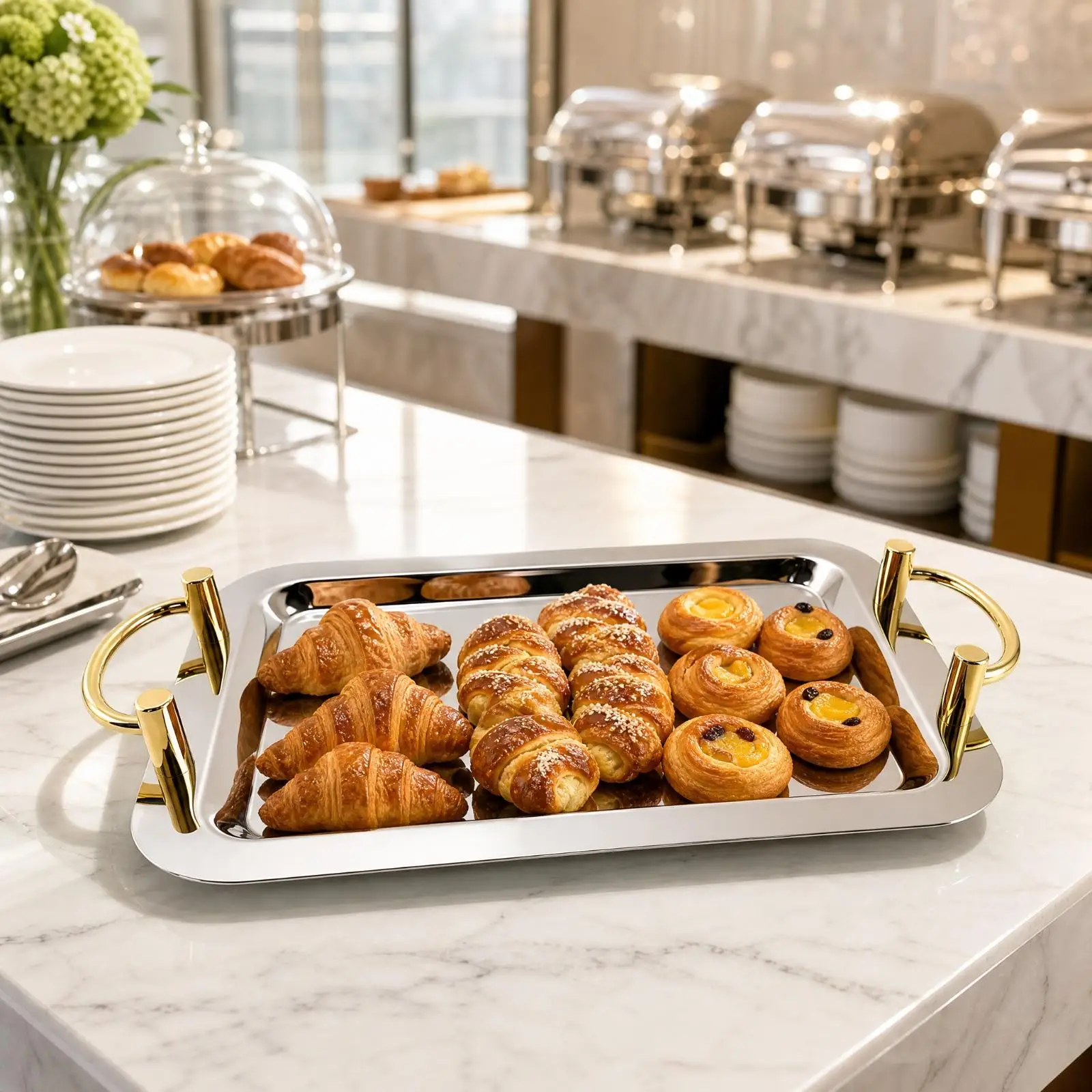 Mirror-Polished Serving Tray with Gold-Tone Loop Handles Versatile Shallow Stainless Steel Serving Tray Elegant Platter for