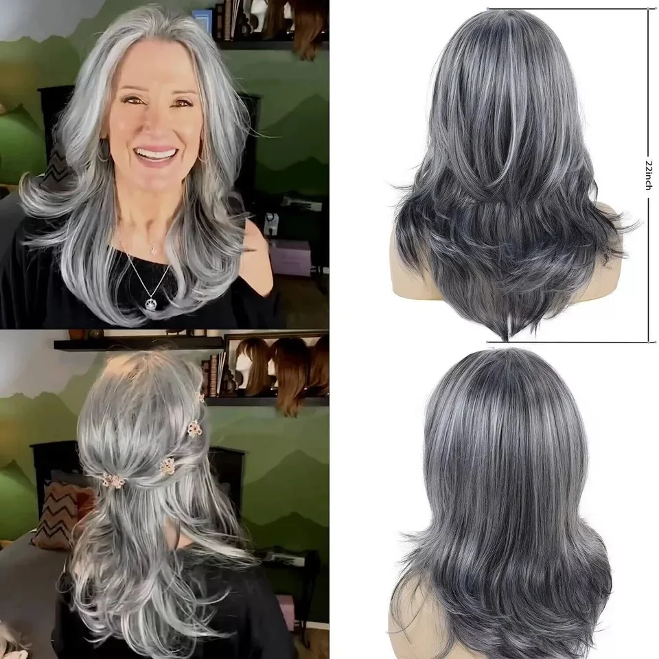 Silvery Gray Ombre Layered Wigs with Curtain Bangs for Women Synthetic Short Light Grey Wig Layered Gray Wavy Bob Wig Highlight image 3