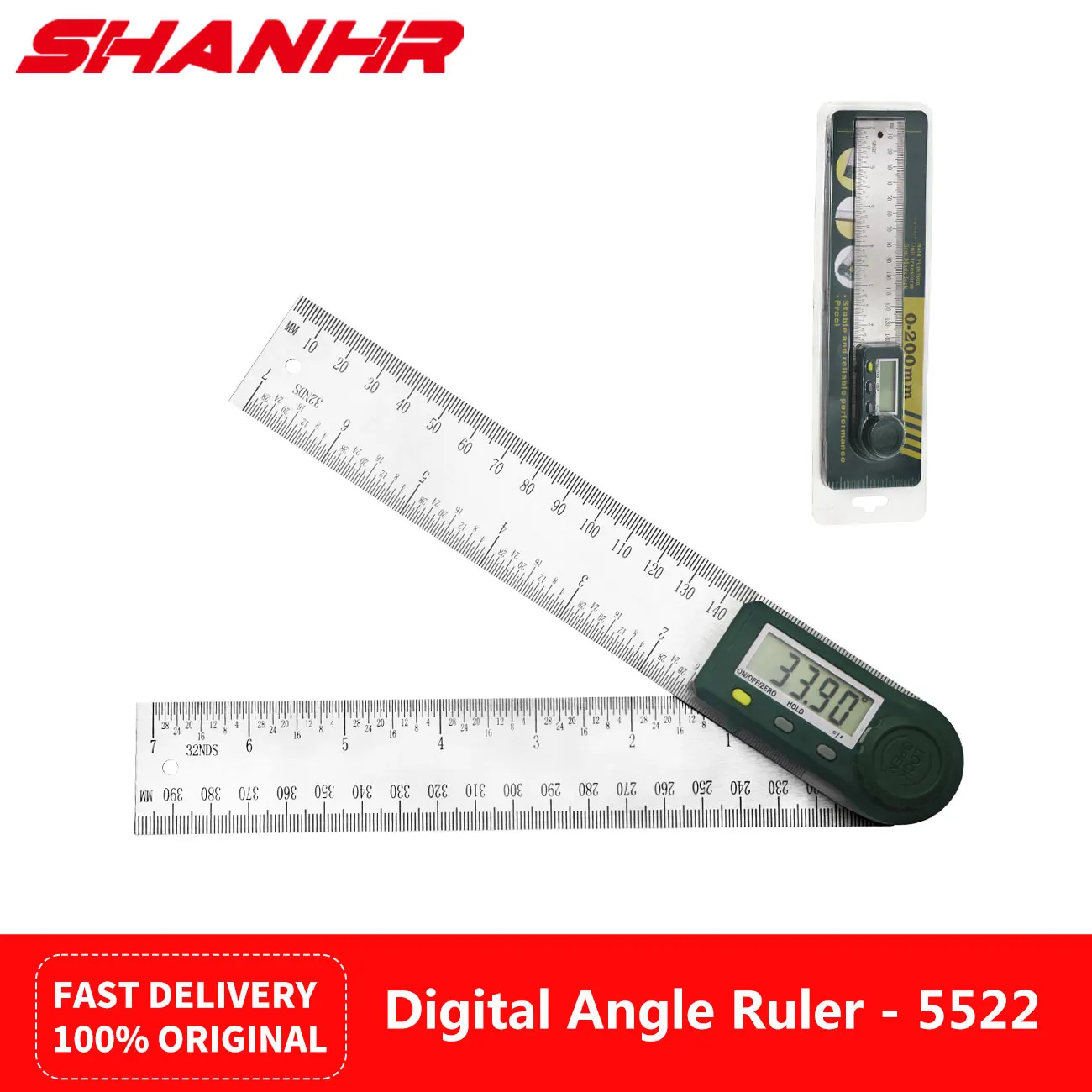 SHANHR منقلة رقمية 7 بوصة/200 مللي متر أداة قياس زاوية من الفولاذ المقاوم للصدأ مع شاشة LCD للنجار/النجارة