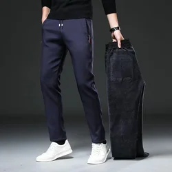 Winter Mens Fleece Slim Warm Trousers Stretch Waist Plus Velvet Casual Pants Men Zipper Pocket Waterproof Outdoor Sweatpants