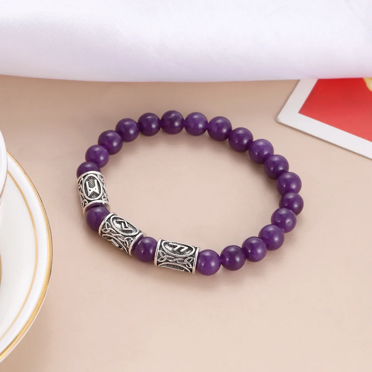 Ethnic Viking Runes Charm Bracelet for Men 8Mm Natural Obsidian Tiger Eye Stone Handmade Bangles Bangles Hombre Viking Jewelry view 5
