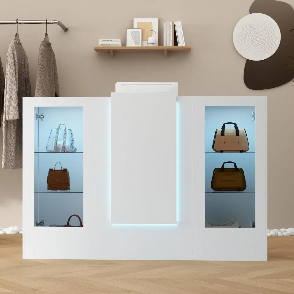 

Reception Desk with Counter, 59.1 Inch Front Desk with LED Light & Glass Display Shelf, Reception Room Table with Cable Grommet,