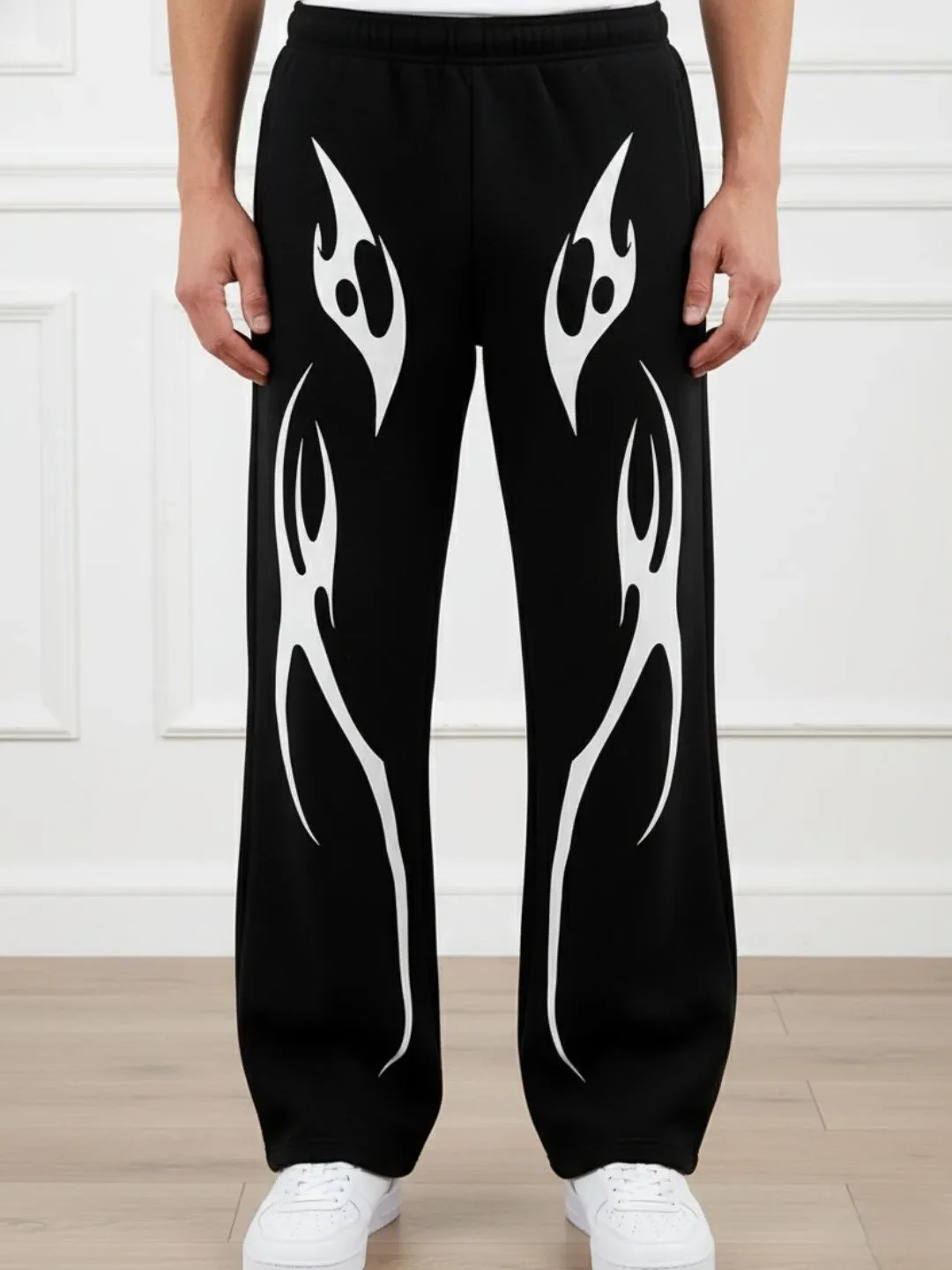 Black and White Contrasting Flame Totem High Street Style Pull Full Size Loose Wide Leg Unisex Casual Sports Pants