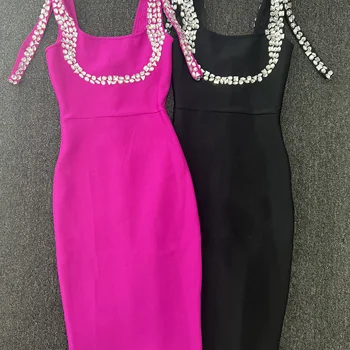 여성용 우아한 민소매 사각 칼라 밴드 원피스, 크리스탈 스트랩, 무릎 길이, 생일 연예인 이브닝 파티 가운, 새로운 디자인 Best5 여성용 우아한 민소매 사각 칼라 밴드 원피스, 크리스탈 스트랩, 무릎 길이, 생일 연예인 이브닝 파티 가운, 새로운 디자인 Best5