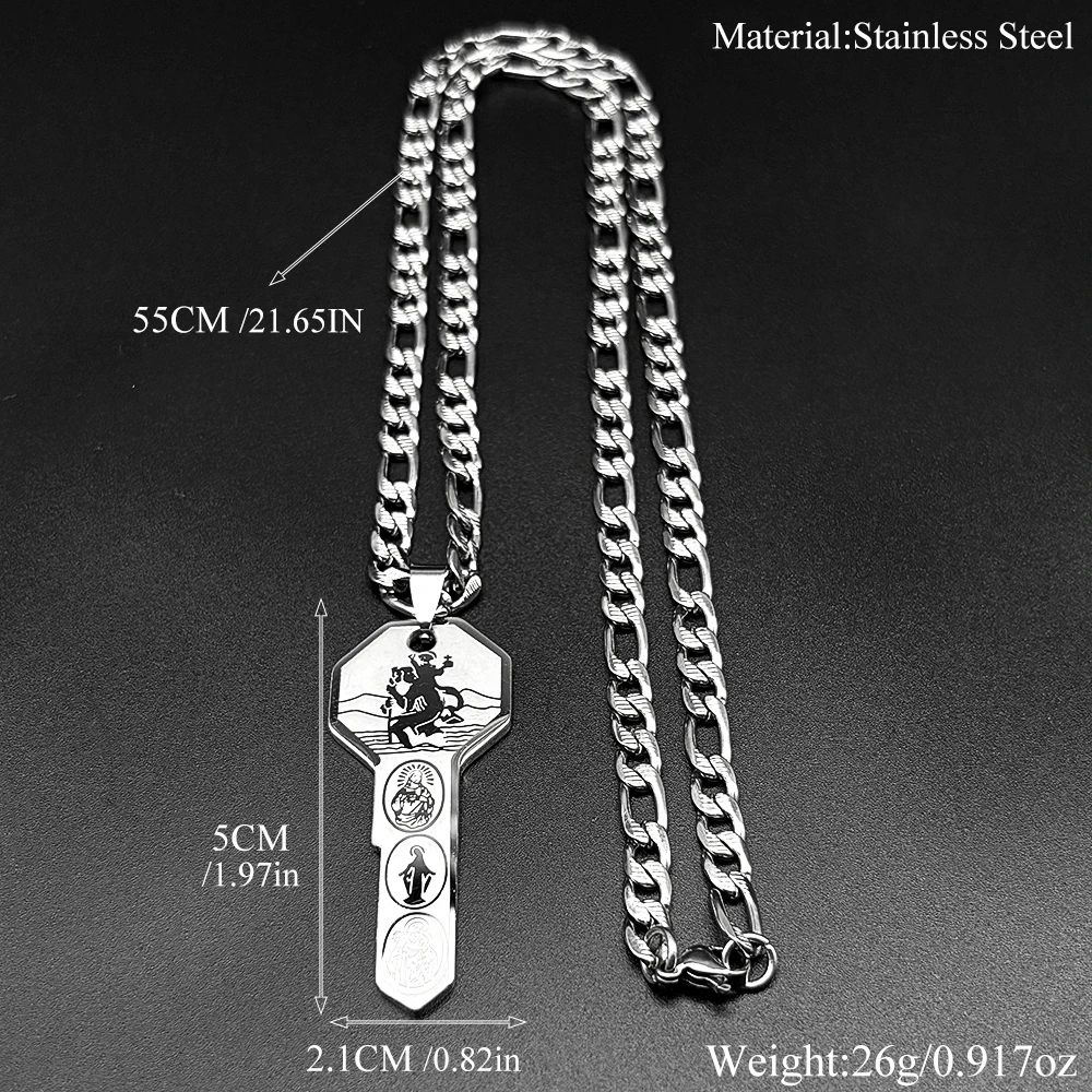Saint Christopher Pray for Us Key Shape Pendant Necklace Stainless Steel Gold Color Jesus Virgin Mary Amulet Chain Jewelry Gift