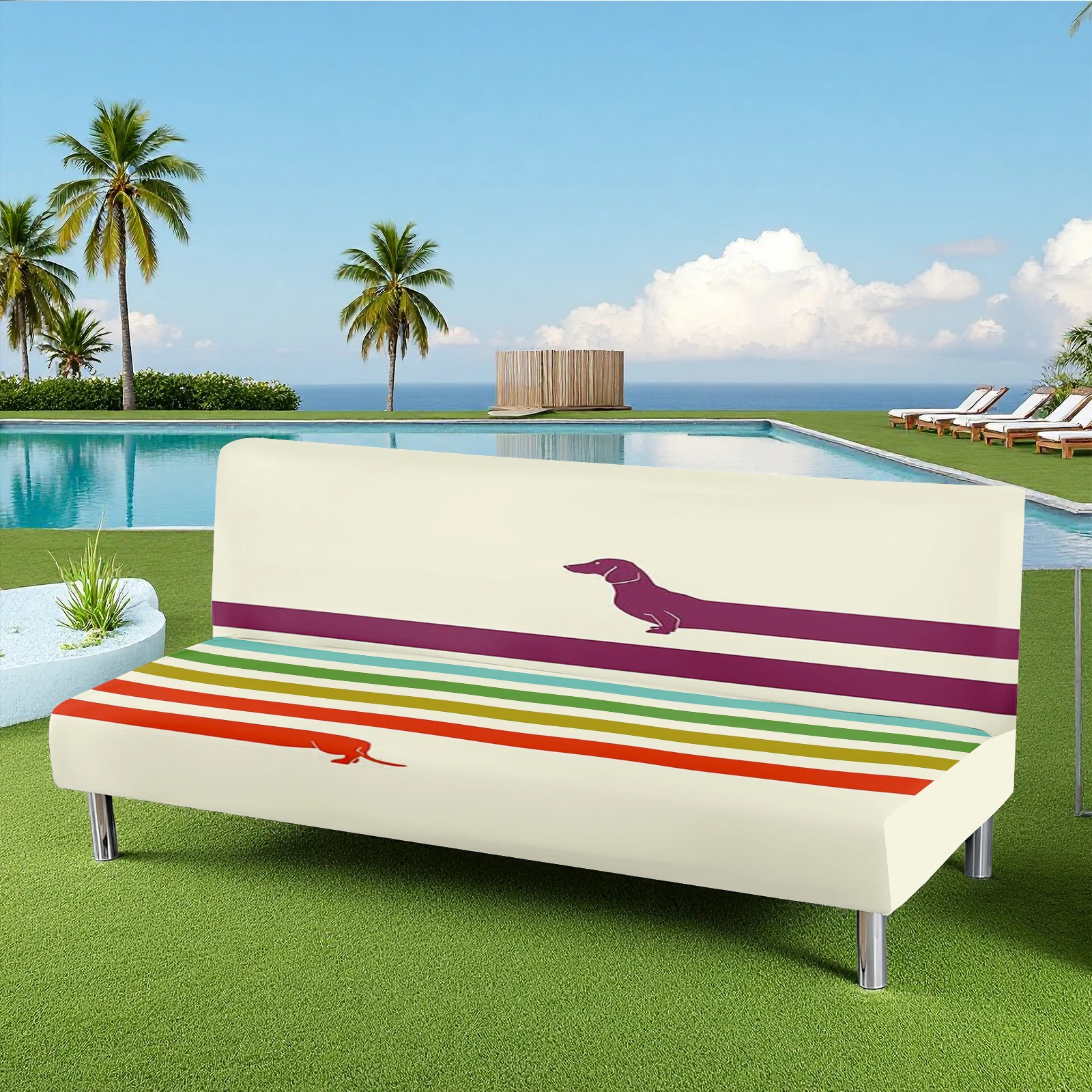 Summer Outdoor Sofa Bed Cover, Colorful Stripe & Sausage Dog Print, Milk Silk Elastic Slipcover, Pet - Fri