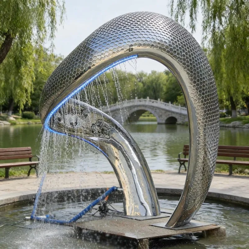 Mirror Polished Cross Stainless Steel Fountain Sculpture Custom Hollow Circular Flowing Water Ornament For Garden Landscape