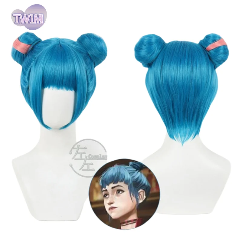 30cm Jinx LoL Arcane 2 Cosplay Wig Blue Short Hair Meatball Head Synthetic Fiber Hair for Women Halloween Highlight Customized