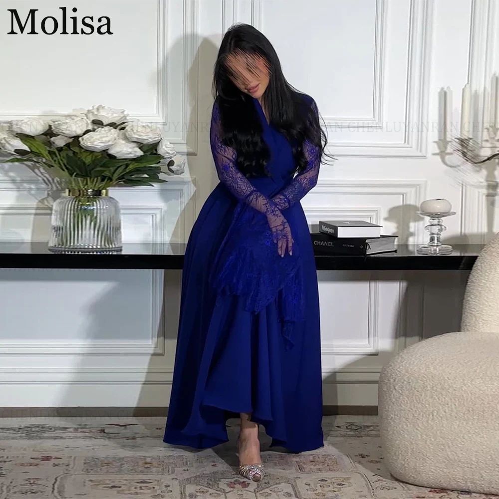 MOLISA Royal Blue Lace Saudi Arabia Formal Occasion Dresses 2025 A-Line V-Neck Prom Dress Long Party Evening Gown فساتين