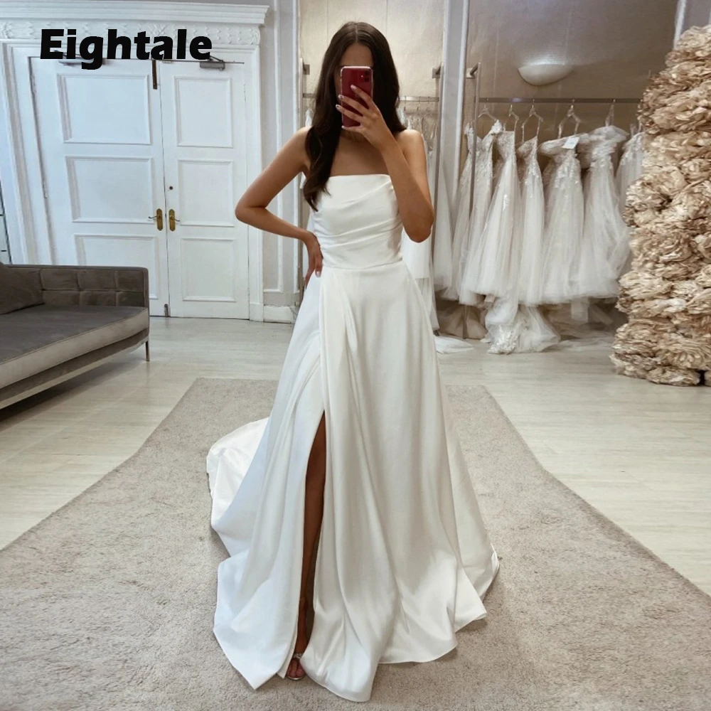 

Eightale Romantic Wedding Dresses 2023 Strapless Side Slit A-Line Satin Princess Bridal Gown White Ivory vestido novia romantico