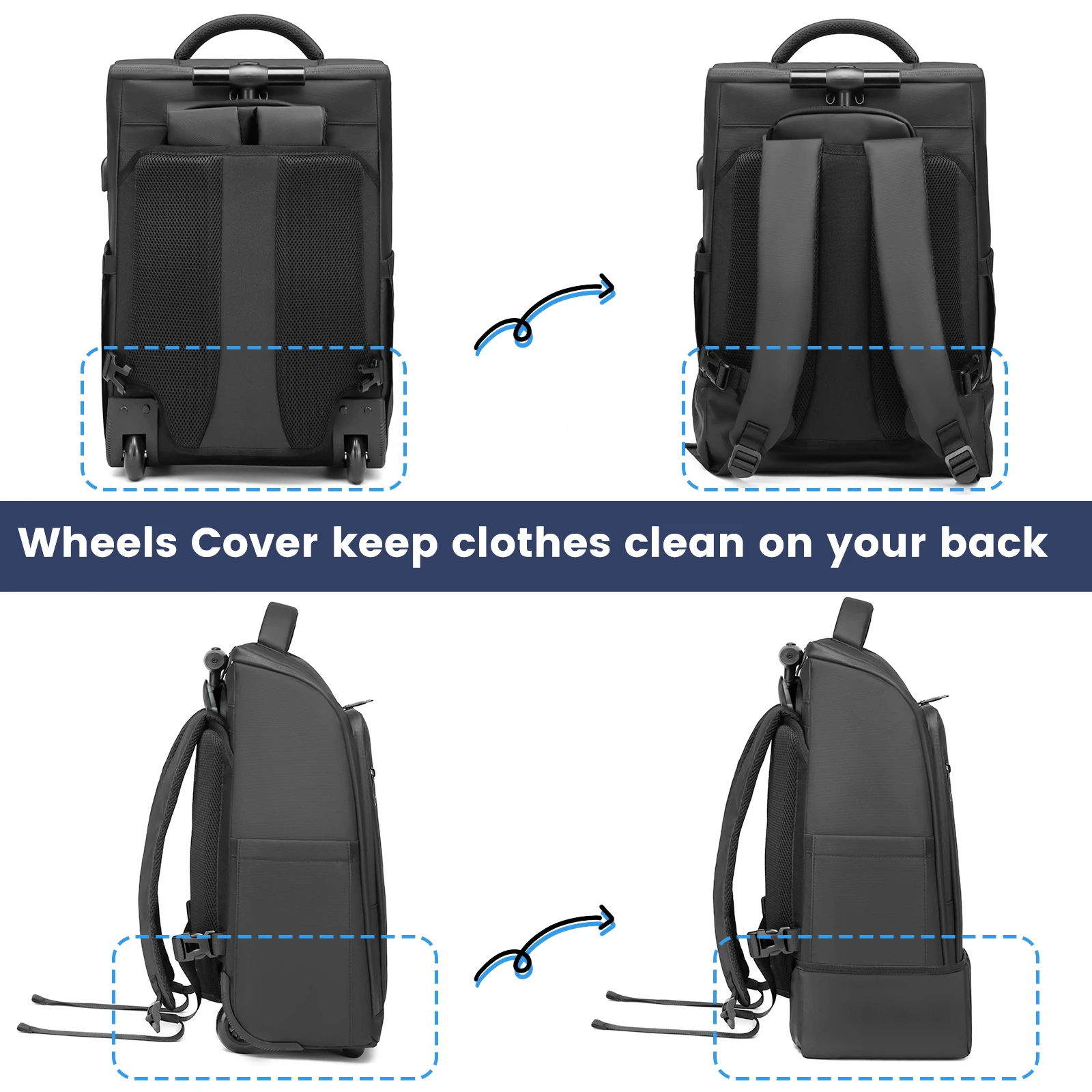 Mochila de equipaje con ruedas y carga USB de alta calidad para ordenador portátil de 15,6 pulgadas, mochila de negocios, equipaje de viaje