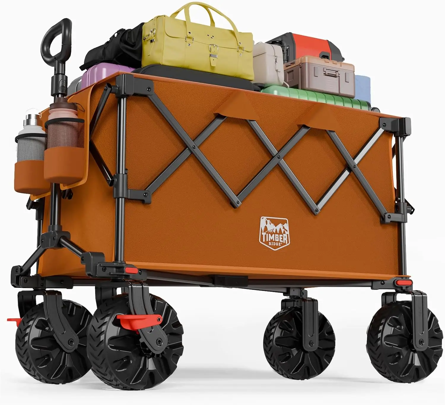 Heavy Duty 500 lbs Utility Wagon Cart with All Terrain Wheels, Outdoor Collapsible Folding Design, Brakes and Cup Holders, Orange, for Camping Shopping Garden Sports